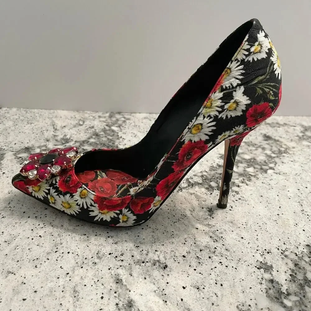Dolce & Gabbana Pumps Floral Print Crystal Flower High Stiletto Heel Size 39.5